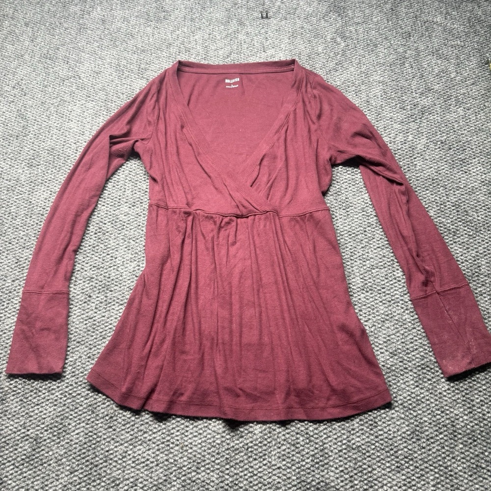 Hollister Long Sleeve Babydoll Top V-Neck Maroon Ribbed Knit Shirt Large